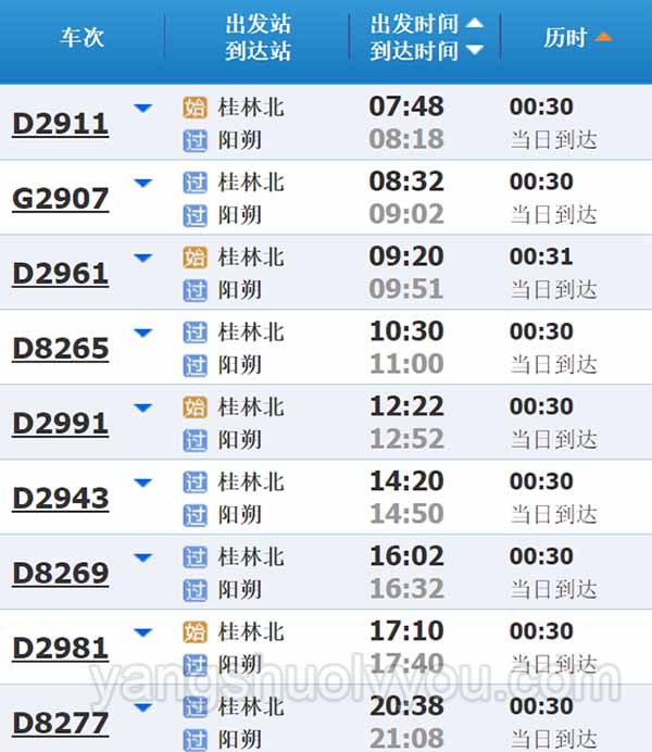 桂林北站到阳朔的高铁动车班次时刻列表